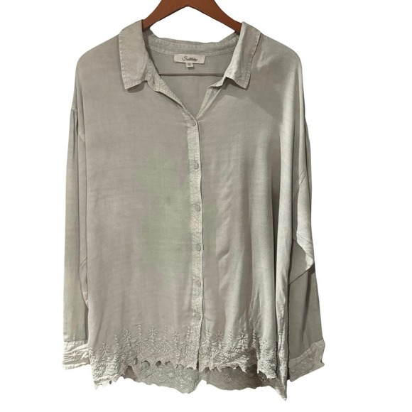 Solitaire Women's Light Blue Top Tunic Button Shirt lace panel 1X Plus Size - Picture 1 of 7
